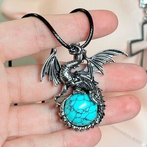 Silver Dragon Pendant Necklace with Turquoise Stone